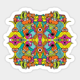 Terrific aquatic monsters in a pattern in doodle art style Sticker